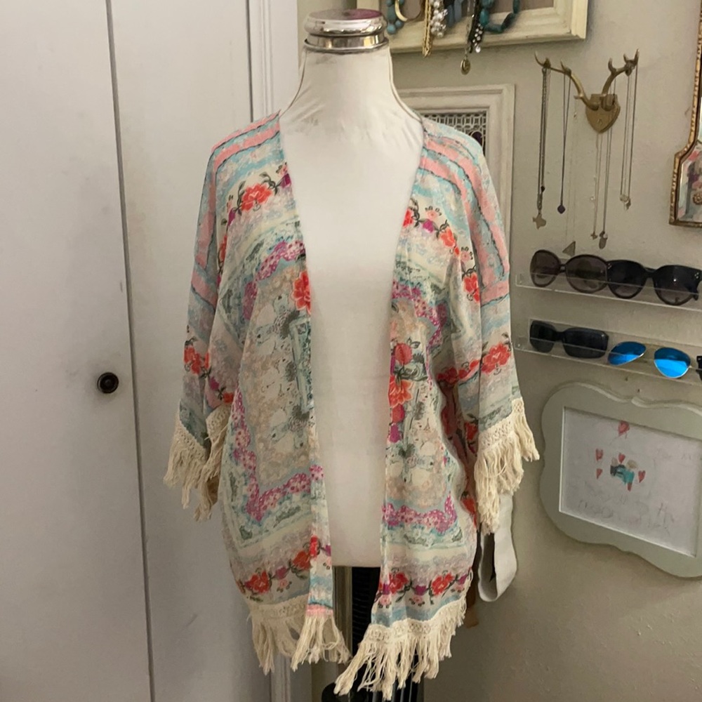 Floral Chiffon Embroidered Detail Kimono